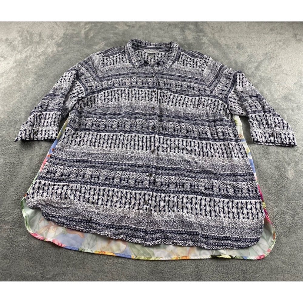 CJ Banks Womens 2X Blouse Navy Blue White Geometric Floral Mixed Print Roll Tab